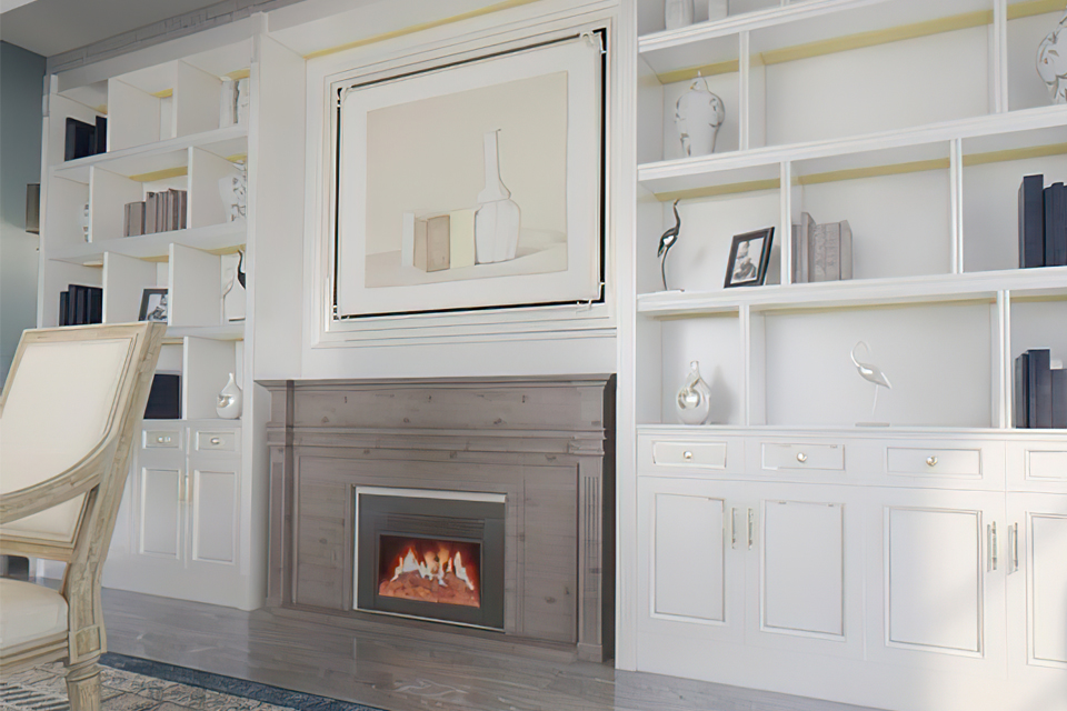 artistic living area with shelving and fireplace